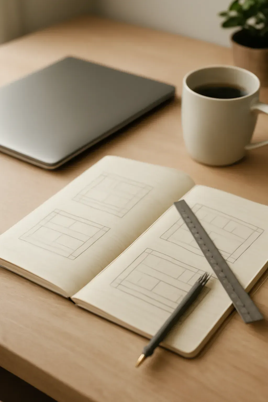 A quiet desk setup with paper, a ruler, and a laptop — the working surface behind the site's own layouts.