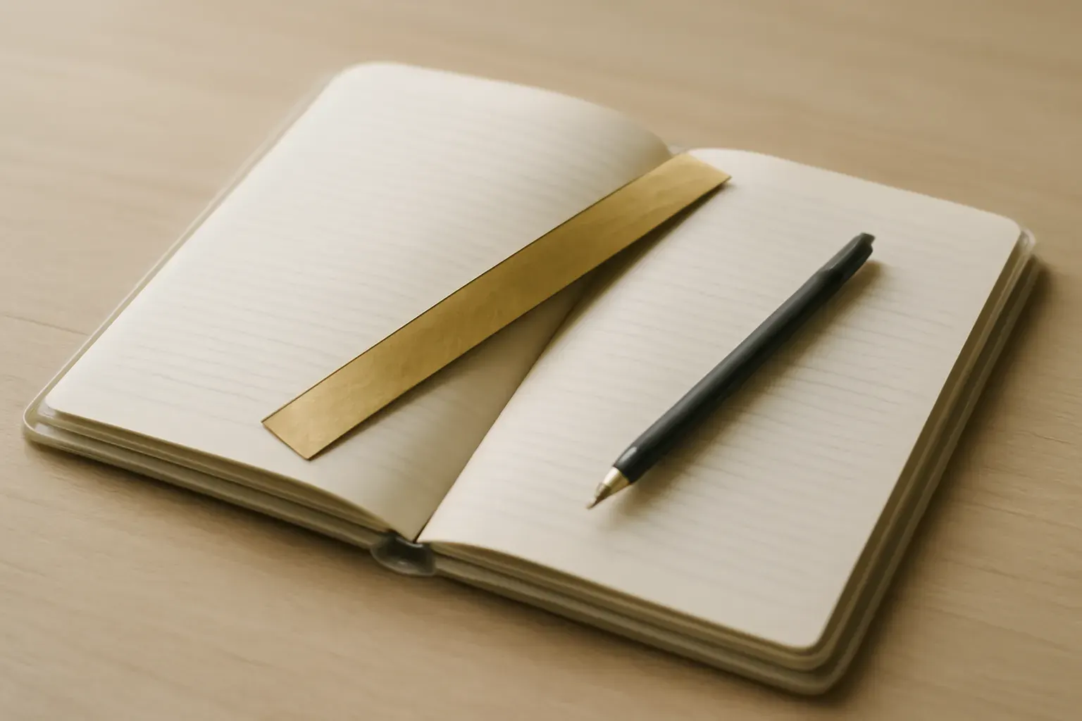A desk detail with a ruler and an open ruled notebook, photographed at a slight angle, no people.